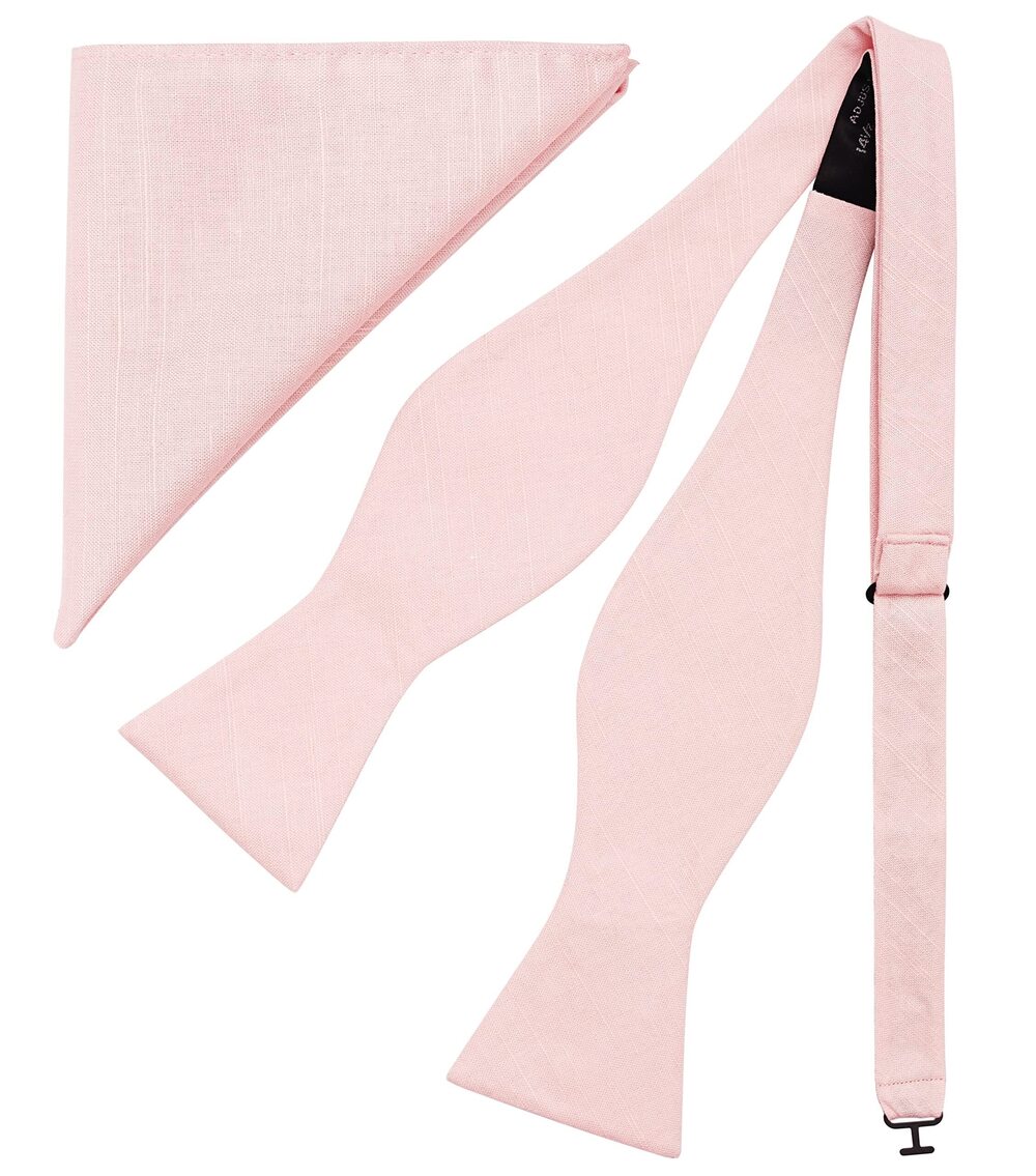 1355 Petal Pink Bow Tie and Pocket Square Tuexdo, Self-Tied Cotton Linen